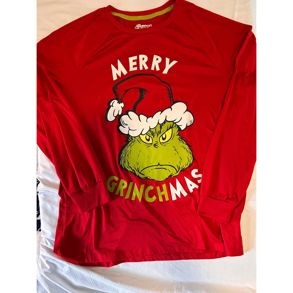 Dr Seuss The Grinch Merry Grinchmas Red Long‎ Sleeve Graphic T-Shirt Mens Large